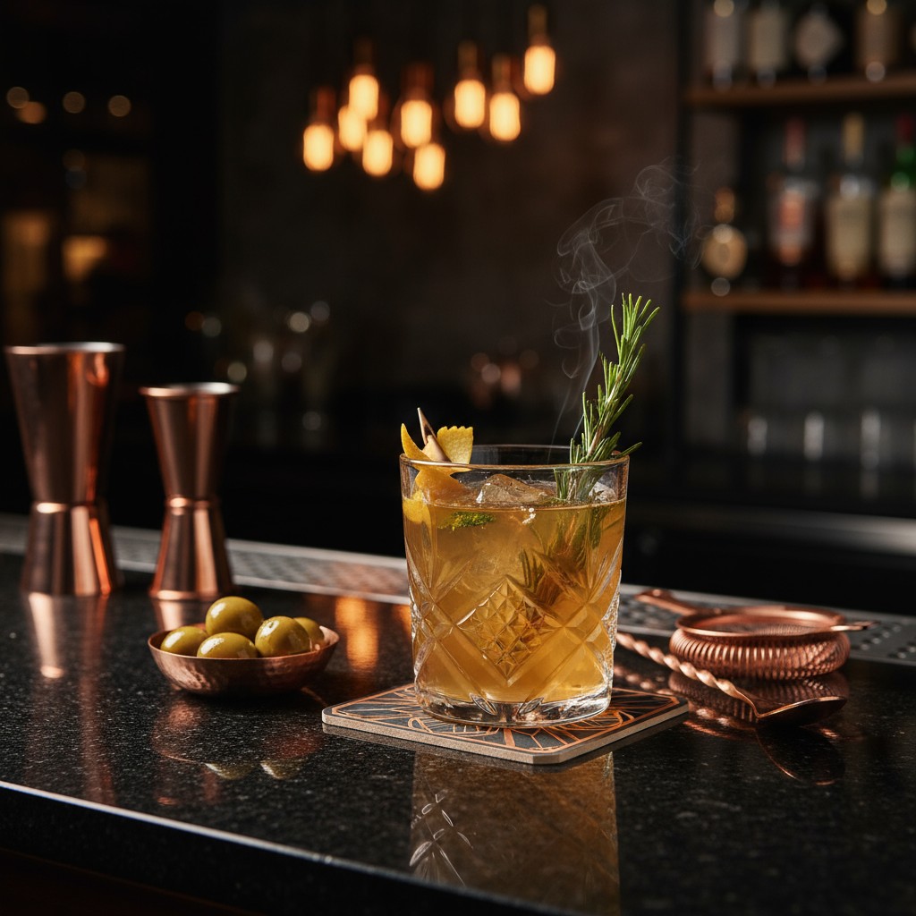 A glass filled with dark amber-colored liquid, garnished with a rosemary sprig, peach twists, and an orange slice, set on ...