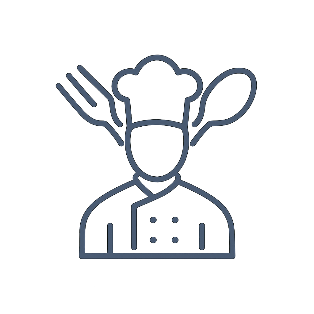 A simple illustration of a chef, wearing a hat and holding a ladle, against a dark grey background.